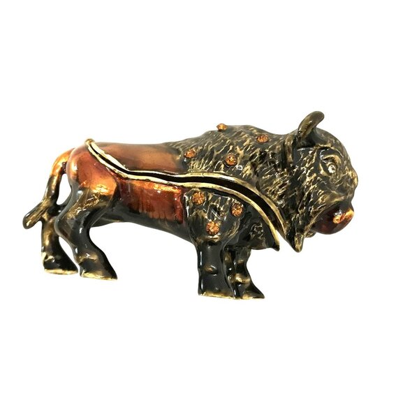 Buffalo Figurine Trinket Box With Hinged Lid & Crystal Accents - Picture 1 of 10